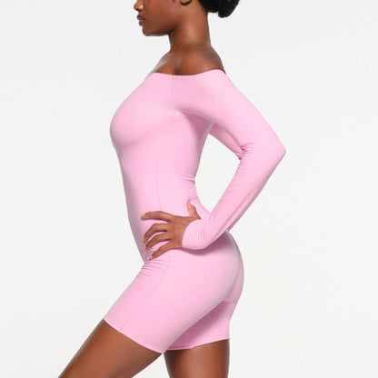FITS EVERYBODY PICOT OFF THE SHOULDER ONESIE | BUBBLE GUM