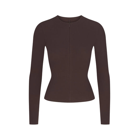COTTON RIB ZIP UP TOP | ESPRESSO