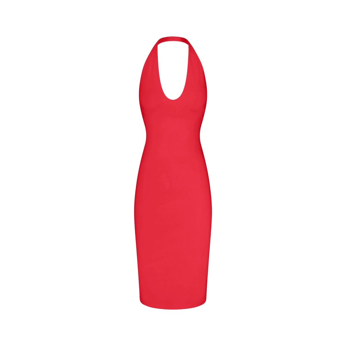 SMOOTH LAYERS PLUNGE HALTER MIDI DRESS | CARMINE