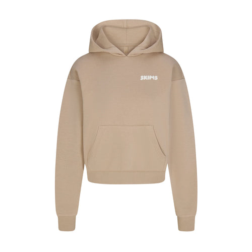 COTTON FLEECE HOODIE WITH EMBOSSED LOGO | LATTE
