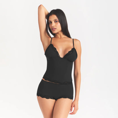 FITS EVERYBODY LACE TRIANGLE CAMI AND BOY SHORT SET | ONYX