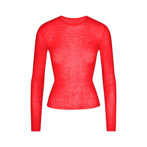 SHEER RIB LONG SLEEVE TOP | CARMINE