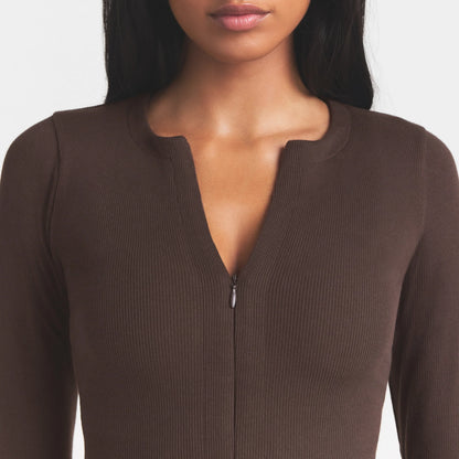 COTTON RIB ZIP UP TOP | ESPRESSO
