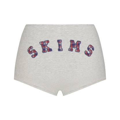 COTTON JERSEY LOGO BOY SHORT | LIGHT HEATHER GREY ARCHED SKIMS PLAID