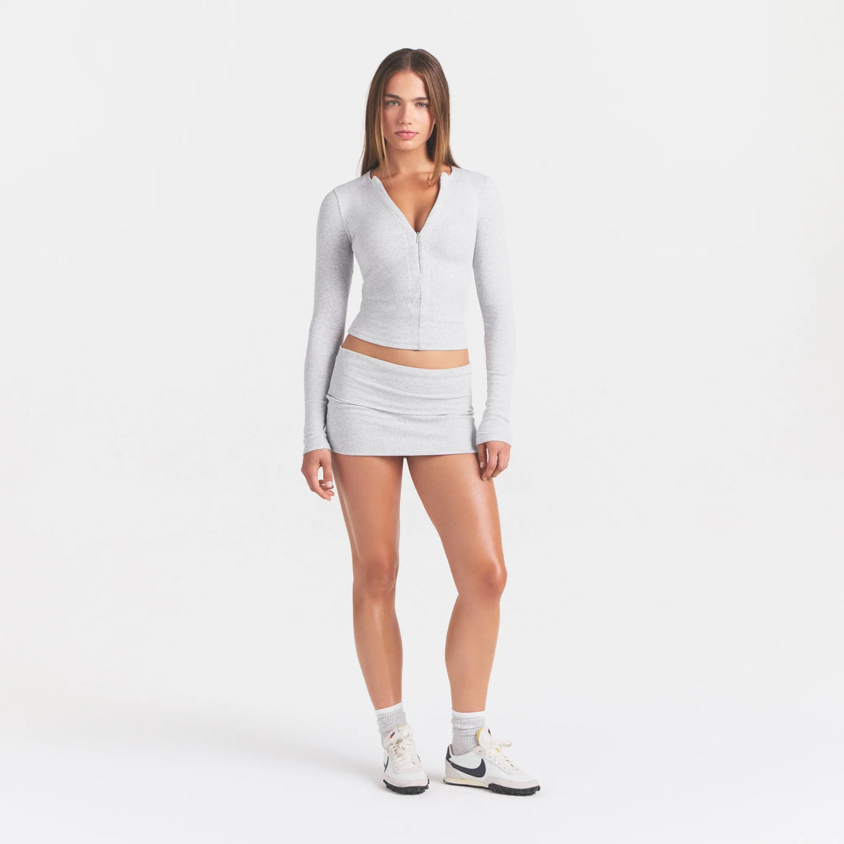 COTTON RIB ZIP UP TOP | LIGHT HEATHER GREY