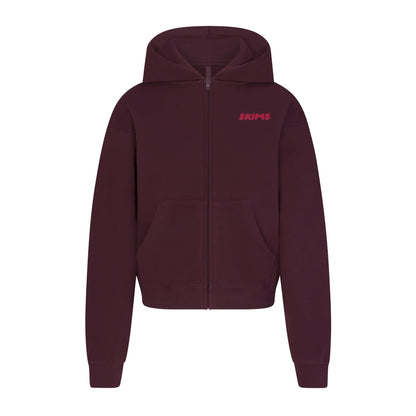 COTTON FLEECE ZIP UP HOODIE WITH EMBOSSED LOGO | CURRANT