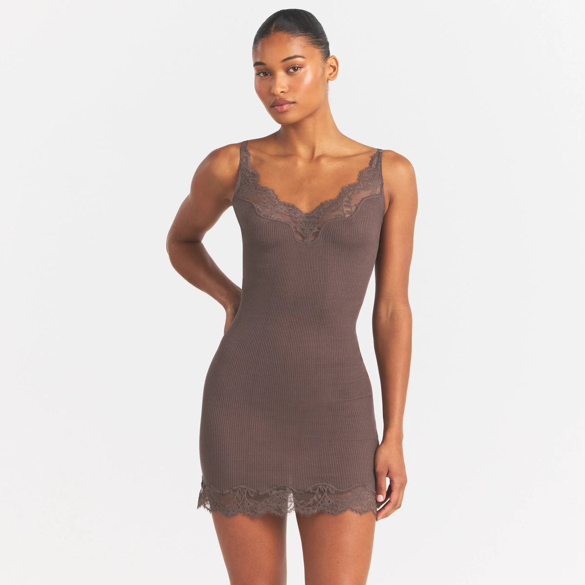 RIB KNIT LACE MINI DRESS | AMETHYST