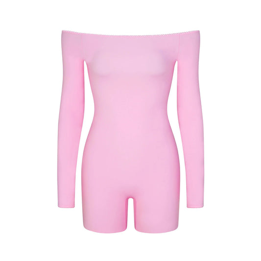 FITS EVERYBODY PICOT OFF THE SHOULDER ONESIE | BUBBLE GUM