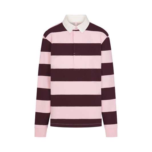 BOYFRIEND FLEECE OVERSIZED POLO | CURRANT RUGBY STRIPE