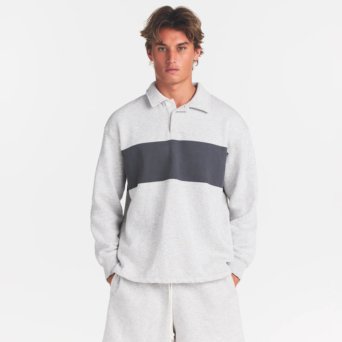 FLEECE LOUNGE MENS RUGBY POLO | LIGHT HEATHER GREY