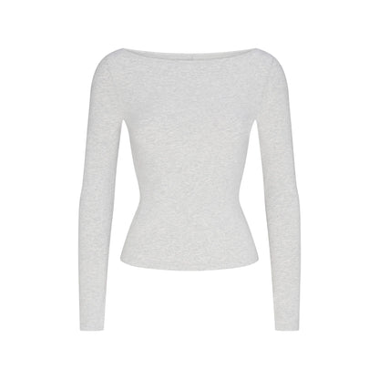 COTTON JERSEY LONG SLEEVE BOATNECK TOP | LIGHT HEATHER GREY