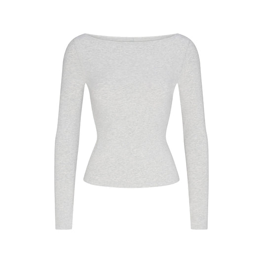 COTTON JERSEY LONG SLEEVE BOATNECK TOP | LIGHT HEATHER GREY