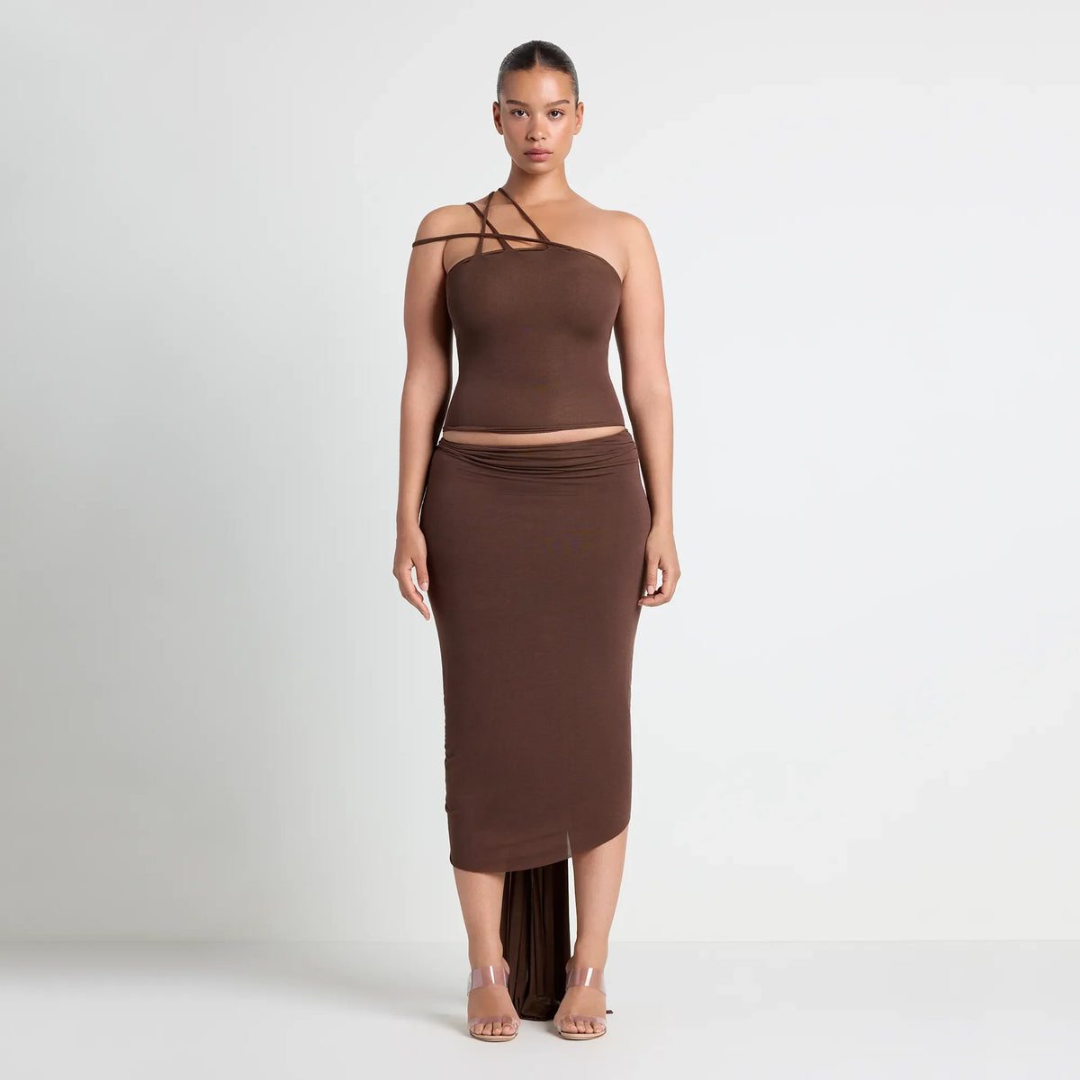 VETTESE X SKIMS SHEER MODAL DRAPED MIDI SKIRT  | COCOA