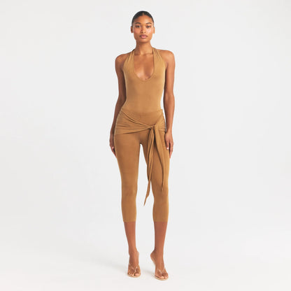 CUPRO JERSEY HALTER BODYSUIT | ALMOND