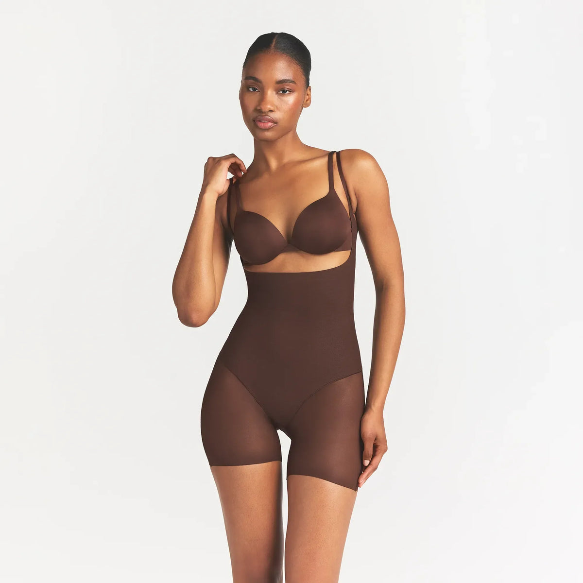 SKIMS BODY CORE SCULPT BACK SMOOTHING OPEN BUST MID THIGH BODYSUIT | COCOA