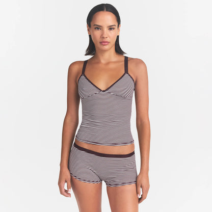 LIGHTWEIGHT COTTON LOGO PICOT CAMI AND BOY SHORT SET | CURRANT FEEDER STRIPE